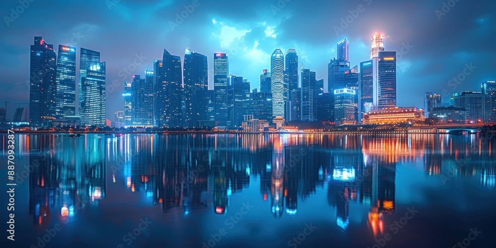 Obraz premium Nighttime Skyline of a Modern City with Reflections in the Water