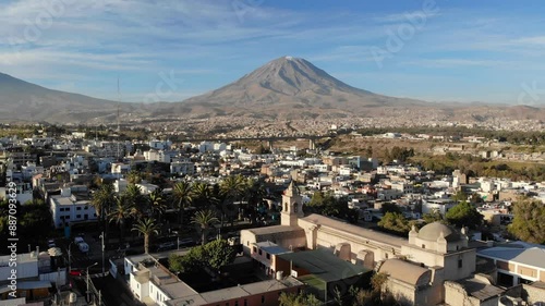 Aerial view of the Yanahuara Church and misti volcano
