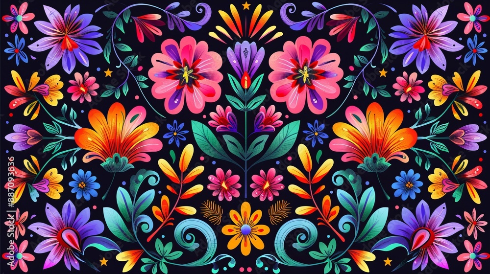 An elegant floral composition featuring whimsical artistic style, with blooming flowers and lush leaves creating a decorative pattern, ideal for artistic and decorative use. An elegant floral composition featuring whimsical artistic style, with blooming flowers and lush leaves creating a decorative pattern, ideal for artistic and decorative use.