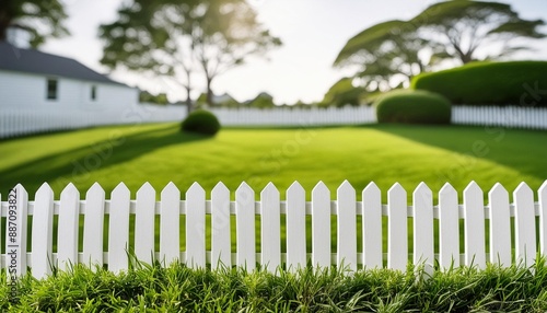 a white picket fence with a green grassy lawn in the background the scene is peaceful and serene with the fence and grass creating a sense of calm