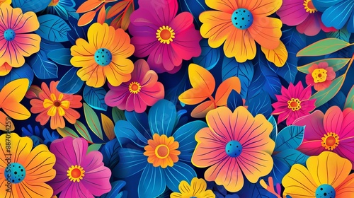 Wallpaper Mural A vivid and striking array of diverse flowers rendered in bright colors and intricate details, set against a blue background, celebrating the vibrance and beauty of nature. Torontodigital.ca