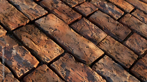 A rustic brick pattern of antique clay bricks in earthy tones, reminiscent of old European streets. © Sajida