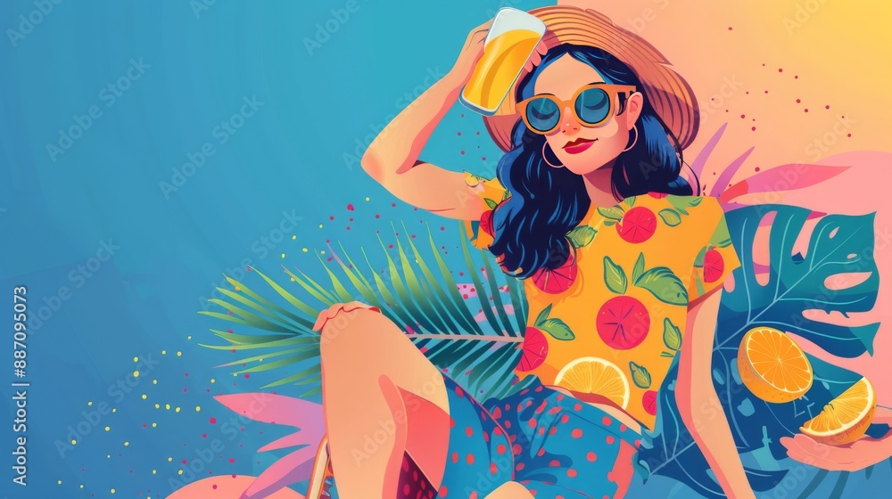 Summer stylish relaxed modern young woman with skateboard drinks fresh juice in colorful clothes Summer stylish relaxed modern young woman with skateboard drinks fresh juice in colorful clothes