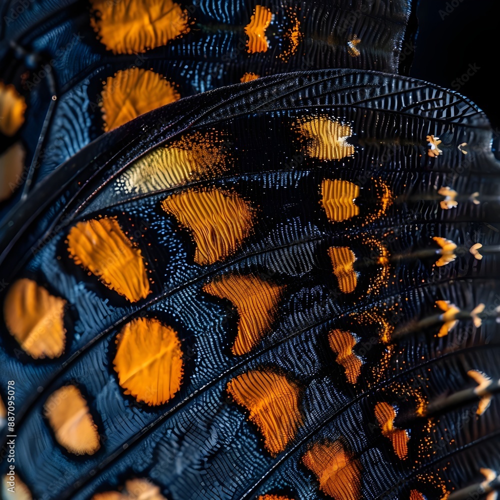 Close-up of butterfly wing showcasing vibrant colors and intricate patterns. Close-up of butterfly wing showcasing vibrant colors and intricate patterns.