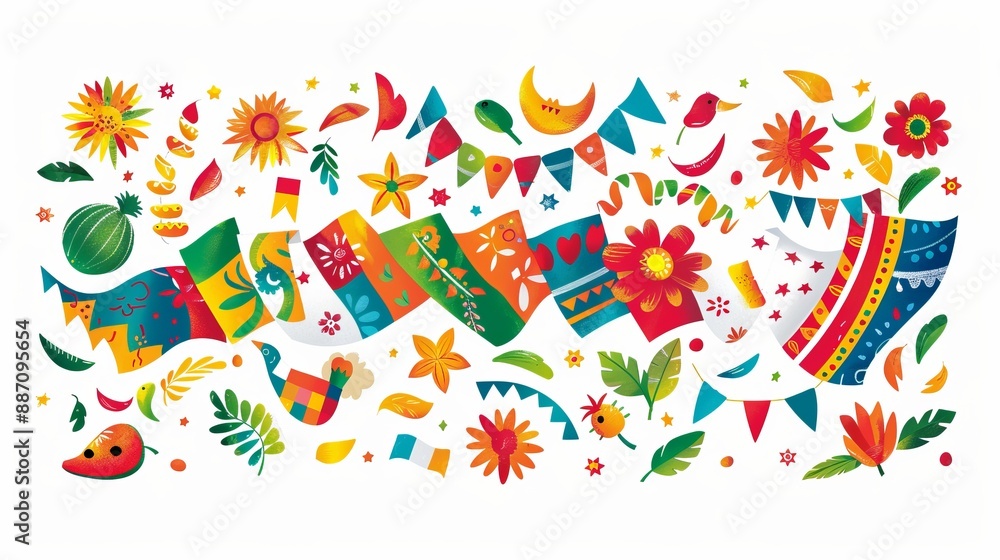 Obraz premium An image bursting with bright, cheerful decorative elements, including flowers and banners, all rendered in vibrant colors, perfect for evoking a sense of celebration and festivity.