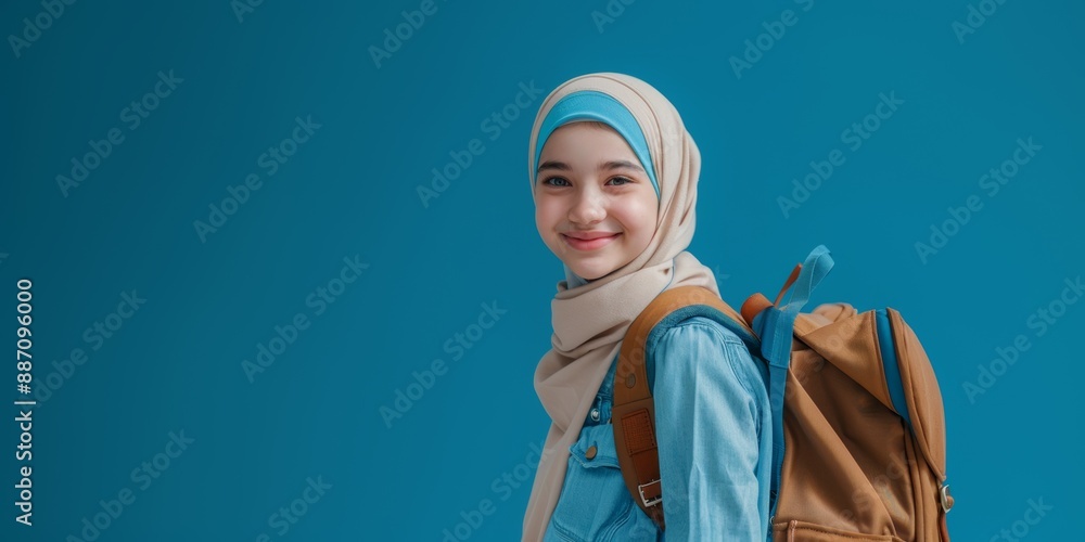 Smiling muslim girl with a school backpack on her back, isolated on a blue background, space for text. Concept of education and back to school. Smiling muslim girl with a school backpack on her back, isolated on a blue background, space for text. Concept of education and back to school.