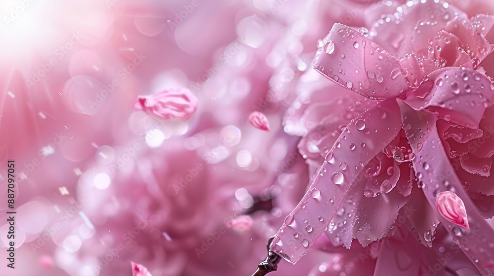 A close-up view of delicate pink flowers adorned with water droplets and decorative pink ribbons, showcasing their intricate texture and vibrant color details. A close-up view of delicate pink flowers adorned with water droplets and decorative pink ribbons, showcasing their intricate texture and vibrant color details.