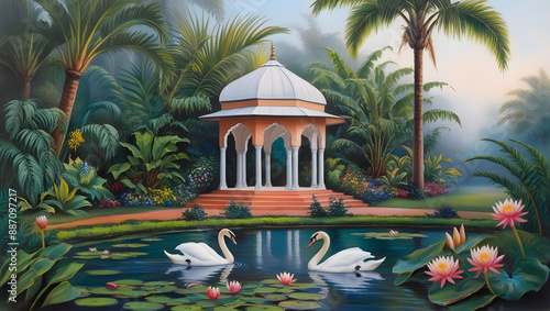 Fototapeta Naklejka Na Ścianę i Meble -  Traditional Mughal Garden, arch peacock illustration for wallpaper. Mughal Garden, Water lily and swan in a beautiful lake illustration.