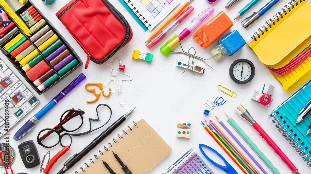 A bright and colorful array of stationery items, including pens, pencils, notebooks, and other office supplies, neatly arranged on a clean white background. A bright and colorful array of stationery items, including pens, pencils, notebooks, and other office supplies, neatly arranged on a clean white background.