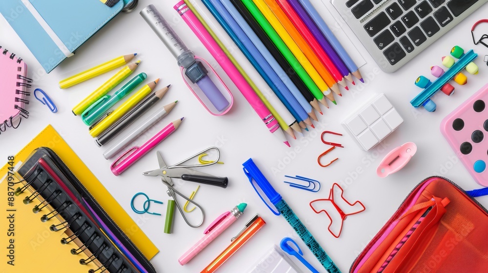 A wide variety of colorful stationery, tools, and gadgets arranged orderly on a white table, including notebooks, pencils, scissors, clips, and a laptop. A wide variety of colorful stationery, tools, and gadgets arranged orderly on a white table, including notebooks, pencils, scissors, clips, and a laptop.