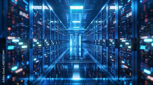 Wallpaper Mural Modern server room with illuminated server racks and advanced technology infrastructure in a futuristic environment Torontodigital.ca