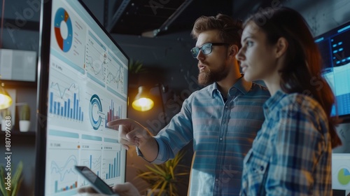 Female developer and male statistician use interactive whiteboard presentation touchscreen to look at charts graphs and growth statistics. they work in the stylish creative office.