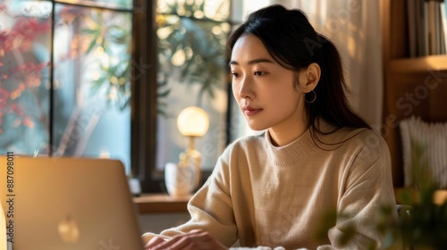 An Asian woman in a casual beige outfit works from home, blending comfort with productivity