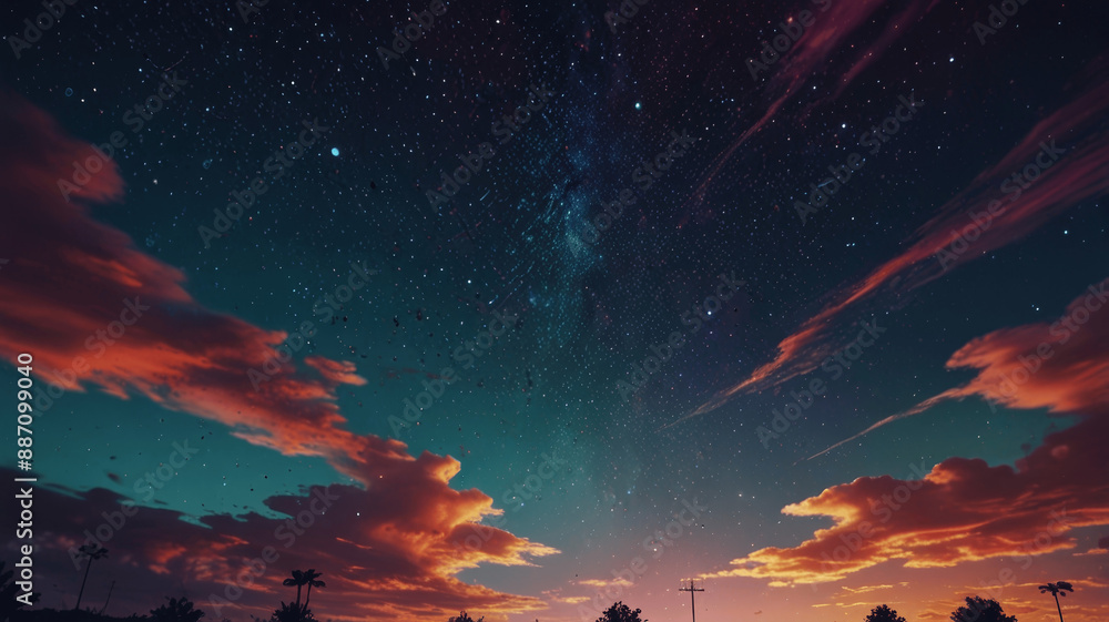Night Sky With Orange Clouds and Stars Over Trees Night Sky With Orange Clouds and Stars Over Trees