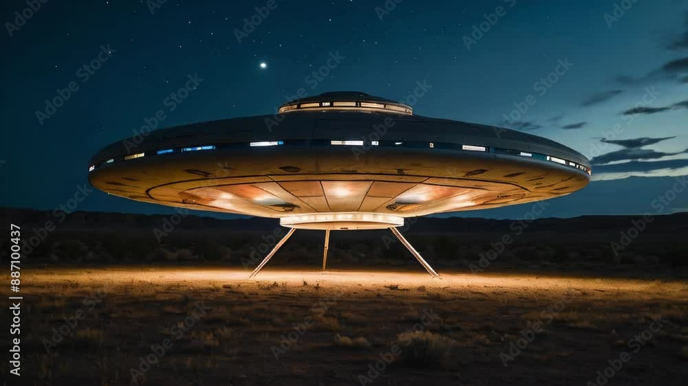 A large, round UFO with lights illuminated on its underside hovers over ...