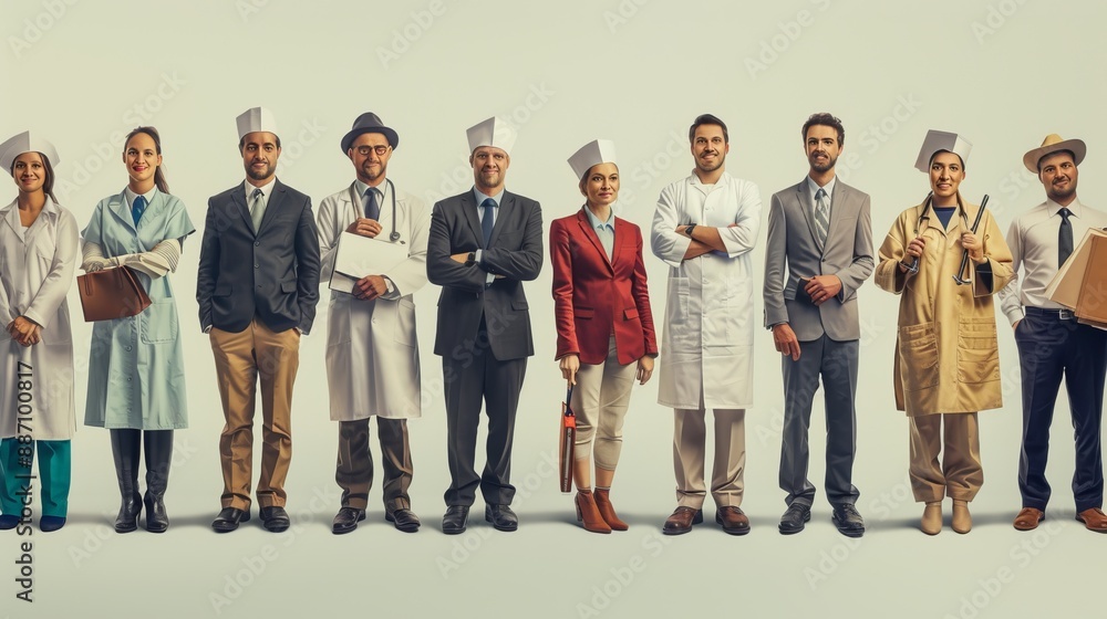 Fototapeta premium A line-up of individuals dressed in various professional uniforms including chefs and medical personnel, demonstrating diversity and expertise in the modern workforce.
