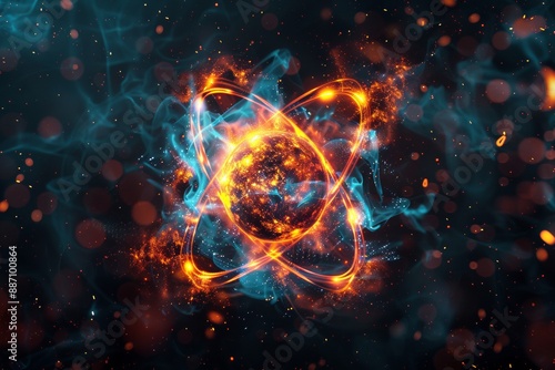 Vibrant cosmic atom with glowing energy in deep space, symbolizing scientific discovery and universal power. © Leo