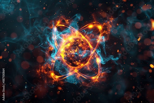 Vibrant cosmic atom with glowing energy in deep space, symbolizing scientific discovery and universal power.