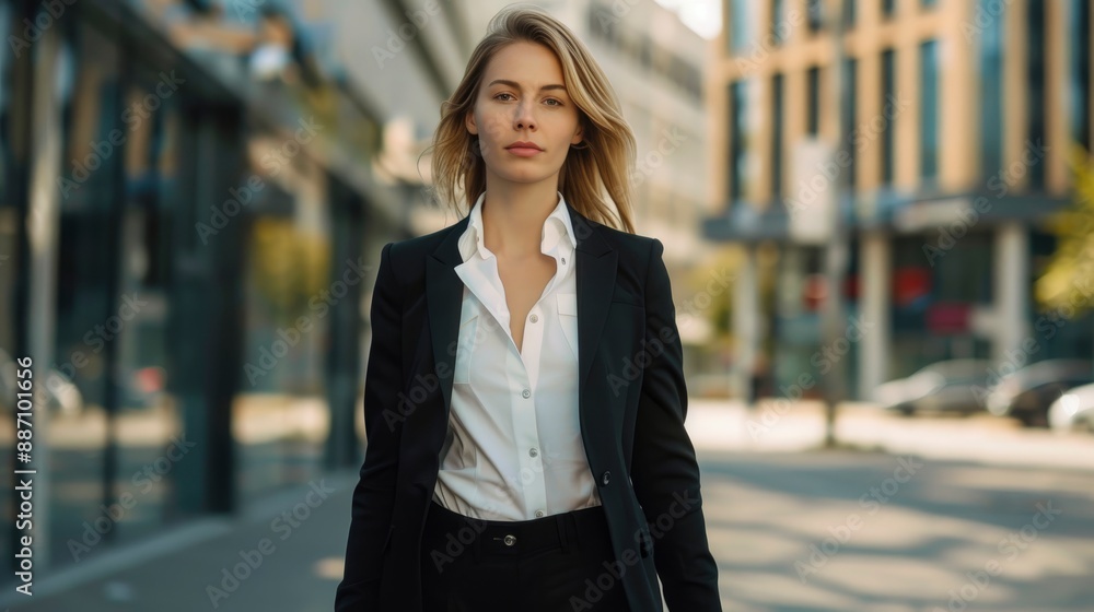 Businesswoman in a black suit walking on the street of a modern city, ready to conquer challenges Businesswoman in a black suit walking on the street of a modern city, ready to conquer challenges