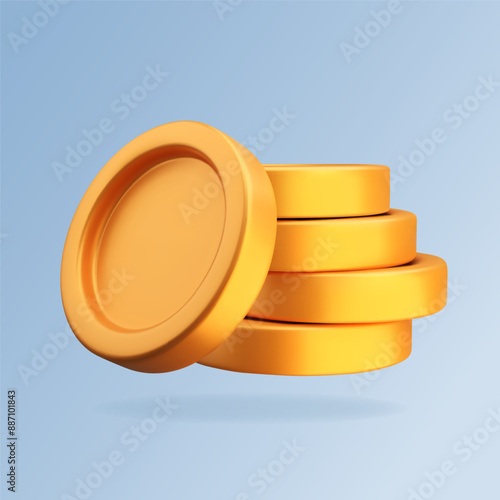 3D bunch of gold coins. Isolated stylized stack of money on blue background. Vector illustration of finance and investment symbol for apps, games, banner or flyer