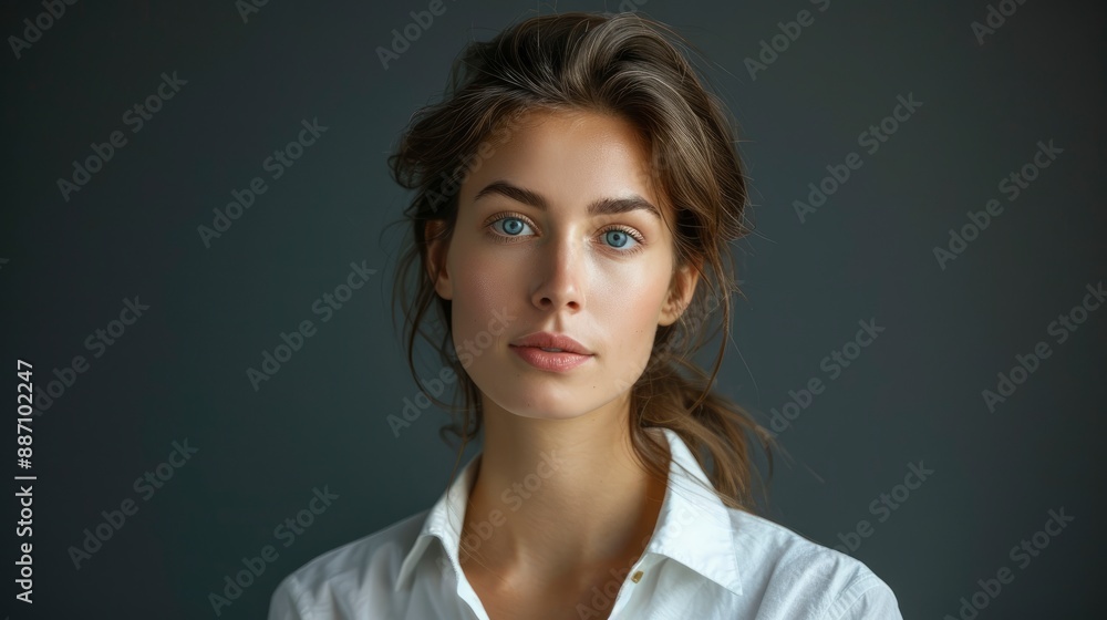 Businesswoman studio portrait, confident in an elegant white shirt against a clean background Businesswoman studio portrait, confident in an elegant white shirt against a clean background