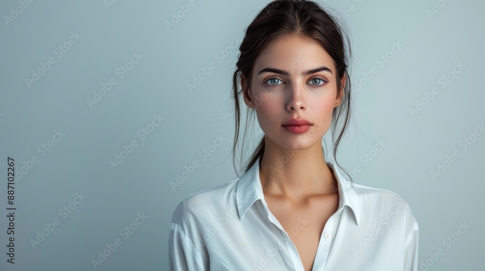 Businesswoman studio portrait, confident in an elegant white shirt against a clean background Businesswoman studio portrait, confident in an elegant white shirt against a clean background