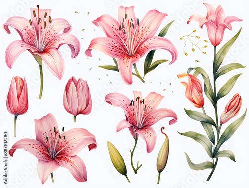 cute lily watercolor clipart set