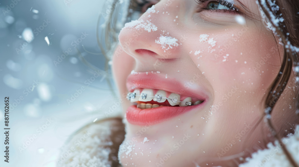 beautiful woman mouth smile, white teeth, orthodontic braces, snowly backroun,generative ai beautiful woman mouth smile, white teeth, orthodontic braces, snowly backroun,generative ai