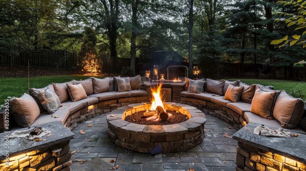An outdoor fire pit with seating all around for get-togethers in the evenings An outdoor fire pit with seating all around for get-togethers in the evenings