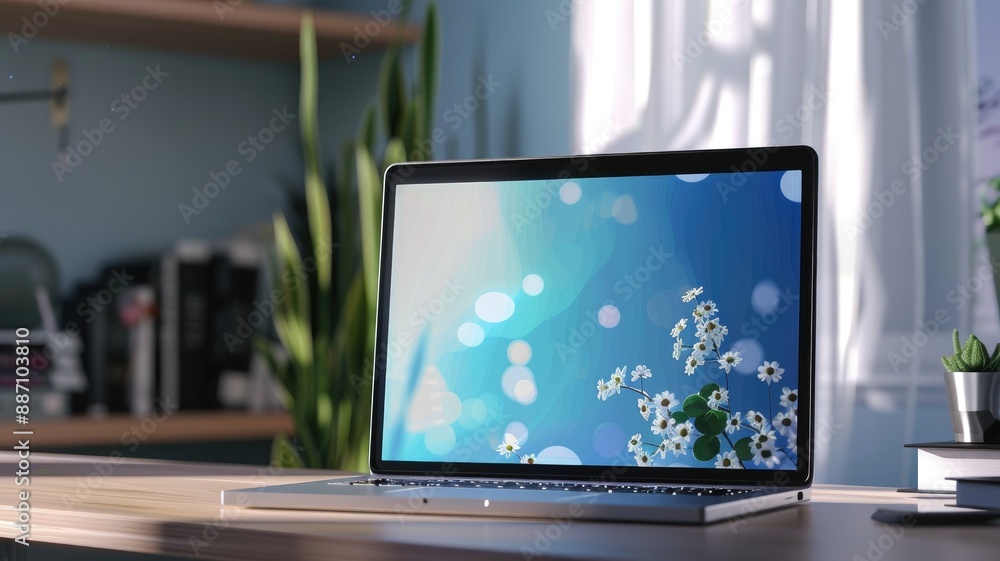 Open laptop with floral wallpaper in serene workspace Open laptop with floral wallpaper in serene workspace
