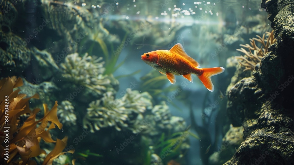 Single goldfish swimming in underwater aquarium setting Single goldfish swimming in underwater aquarium setting