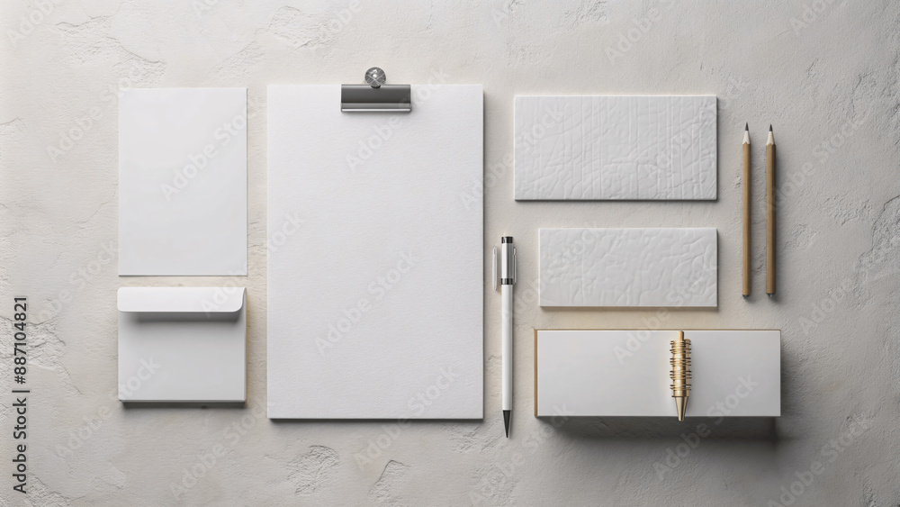 corporate business office stationery set mockup at white textured, billboard clipboard blank sheet corporate business office stationery set mockup at white textured, billboard clipboard blank sheet
