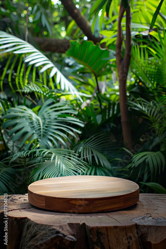 A round wooden platform in a lush green jungle setting, perfect for displaying products or creating natural-themed compositions.