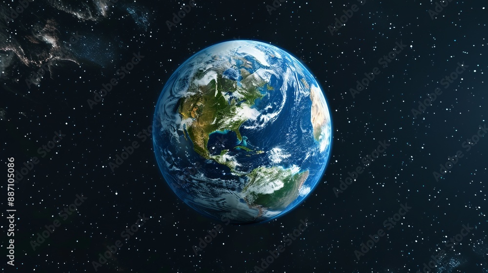 Naklejka premium Image of Earth from space showing continents, oceans, and clouds with stars in the background, highlighting the beauty and fragility of our planet in the cosmos.