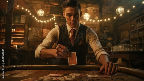 Vintage Card Game Scene in a 1920s Style Bar Representing Strategy and Suspense