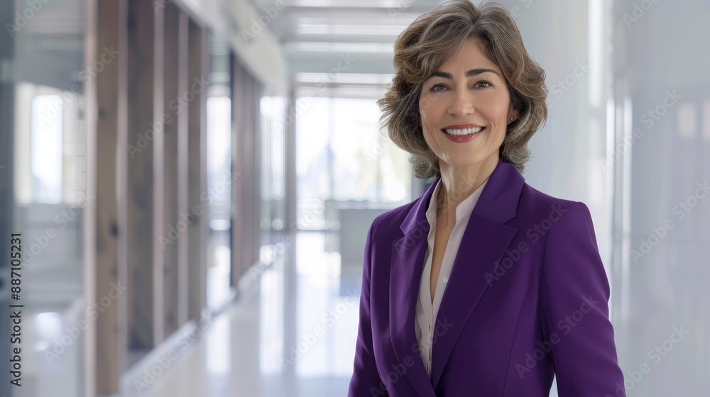 A smiling mature businesswoman in a purple blazer standing in the hallway of an office A smiling mature businesswoman in a purple blazer standing in the hallway of an office