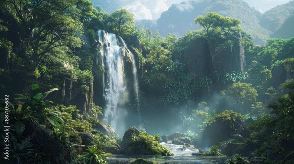 Nestled within a tropical rainforest is a magnificent waterfall. Nestled within a tropical rainforest is a magnificent waterfall.