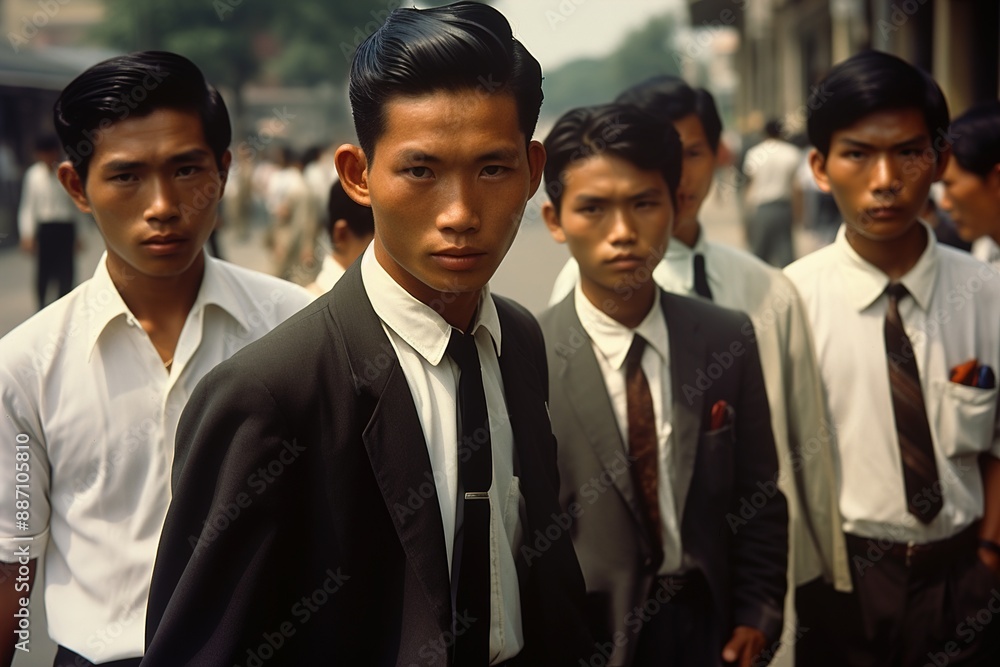 A group of men wearing suits and ties are standing on a street A group of men wearing suits and ties are standing on a street