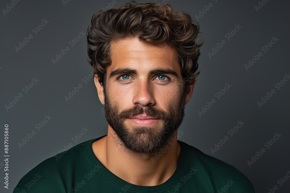 A man with a beard and a green shirt is smiling A man with a beard and a green shirt is smiling