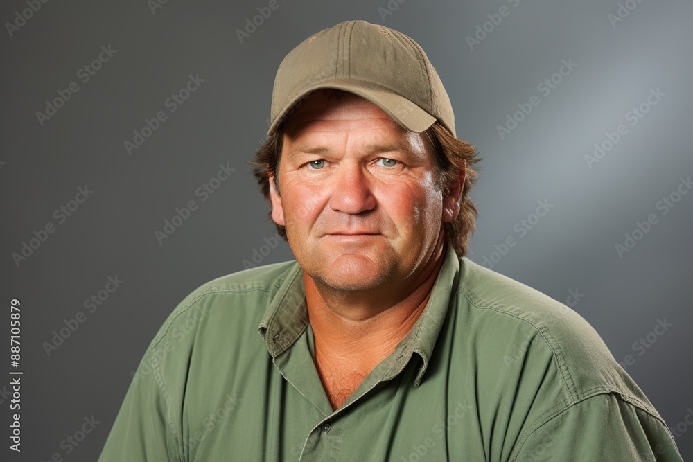 A man wearing a green shirt and a hat with the letters A man wearing a green shirt and a hat with the letters