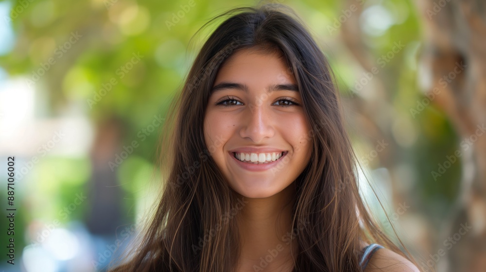 Smiling Southern European Teenage Girl Outdoors, Natural Light Portrait for Website, Print, Design Smiling Southern European Teenage Girl Outdoors, Natural Light Portrait for Website, Print, Design
