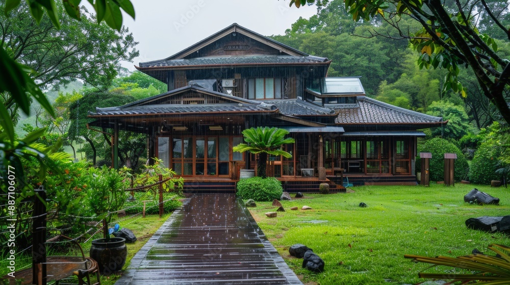 Fototapeta premium beautiful Japanese kiosk style house on a rainy day on a farm