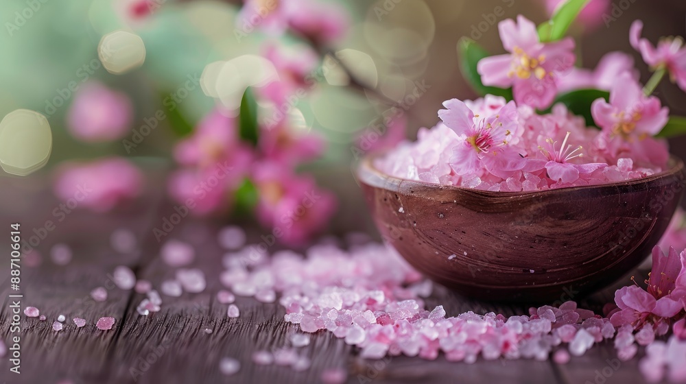 Spa with pink salt flowers and copy space selective focus Spa with pink salt flowers and copy space selective focus