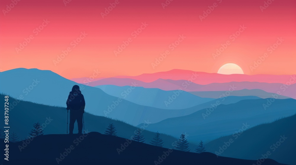 Digital Art of Hiker at Sunset in Mountains Symbolizing Exploration and Serenity Digital Art of Hiker at Sunset in Mountains Symbolizing Exploration and Serenity
