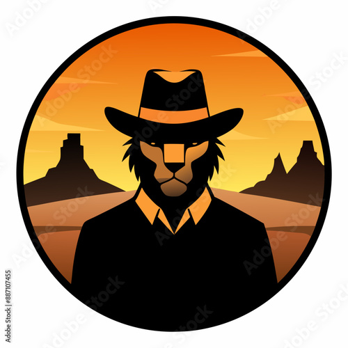 Lion in Cowboy Hat T-Shirt Design Vector Art with Texas Desert Background photo