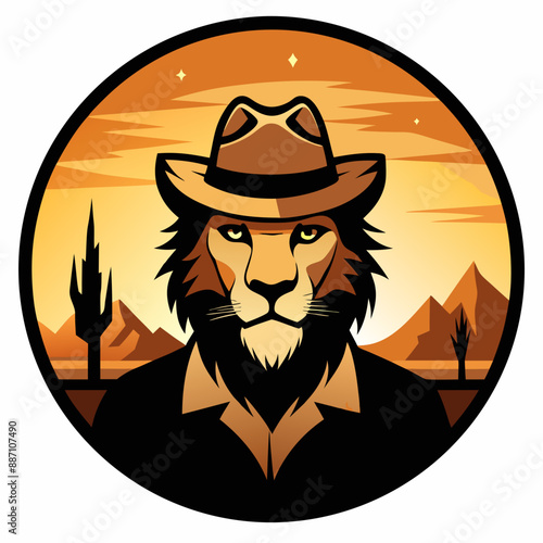 Lion in Cowboy Hat T-Shirt Design Vector Art with Texas Desert Background photo