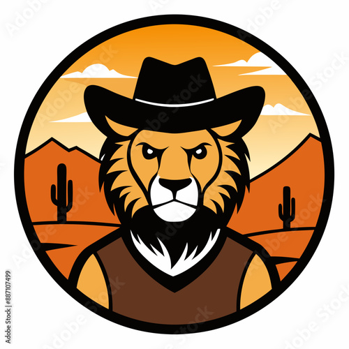 Lion in Cowboy Hat T-Shirt Design Vector Art with Texas Desert Background photo