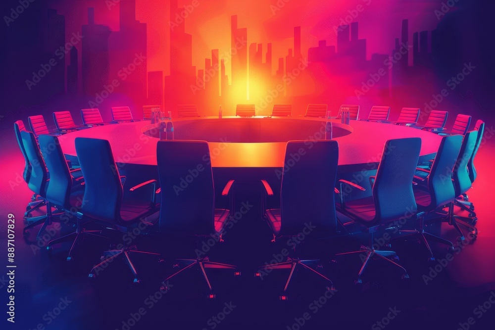 Dramatic, colorful boardroom with neon lighting, creating a futuristic and dynamic corporate environment. Dramatic, colorful boardroom with neon lighting, creating a futuristic and dynamic corporate environment.