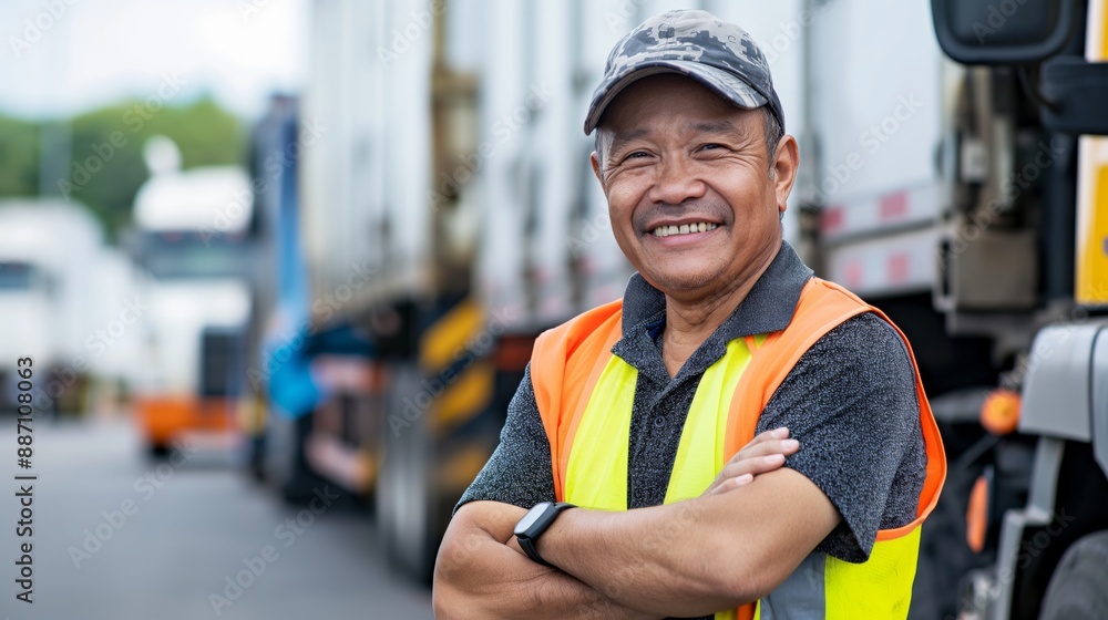 Middleaged Filipino Man with a Content Smile, Wearing a Safety Vest and Cap, Standing Near Trucks in an Industrial Setting Middleaged Filipino Man with a Content Smile, Wearing a Safety Vest and Cap, Standing Near Trucks in an Industrial Setting