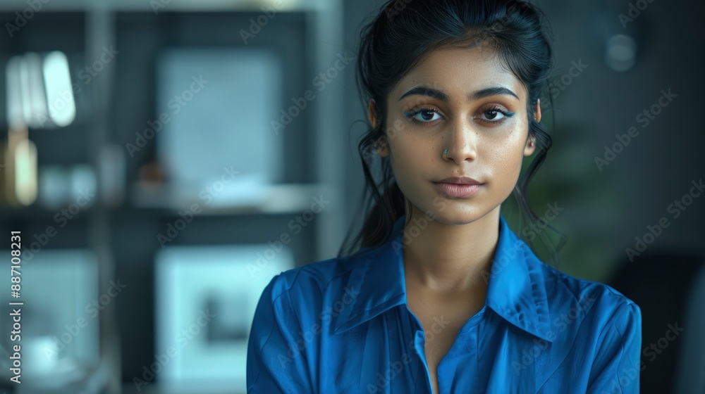 A young Indian businesswoman in a blue outfit looks confidently at the camera in her office, reflecting determination and ambition A young Indian businesswoman in a blue outfit looks confidently at the camera in her office, reflecting determination and ambition